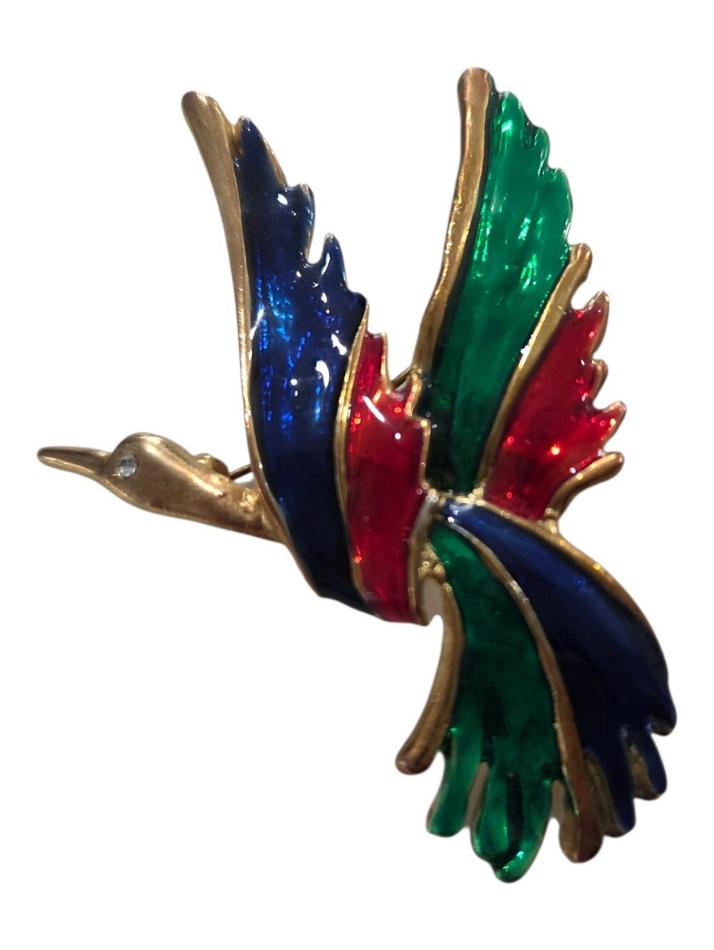 Vintage Colorful Enamel Flying Bird Brooch Pin Gold Tone Rhinestone Eye